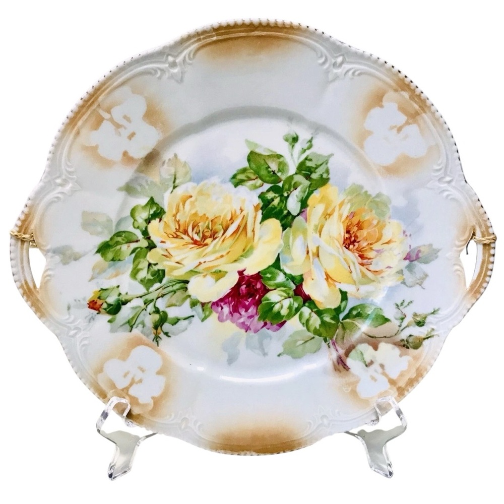 Antique Germany Yellow Pink Roses Porcelain Lusterware Handle Serving Cake Plate